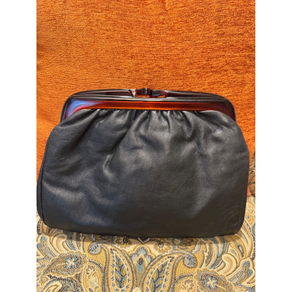 Vintage MCM Italian Black Leather Clutch Amber Lucite Kiss Lock Bag Purse